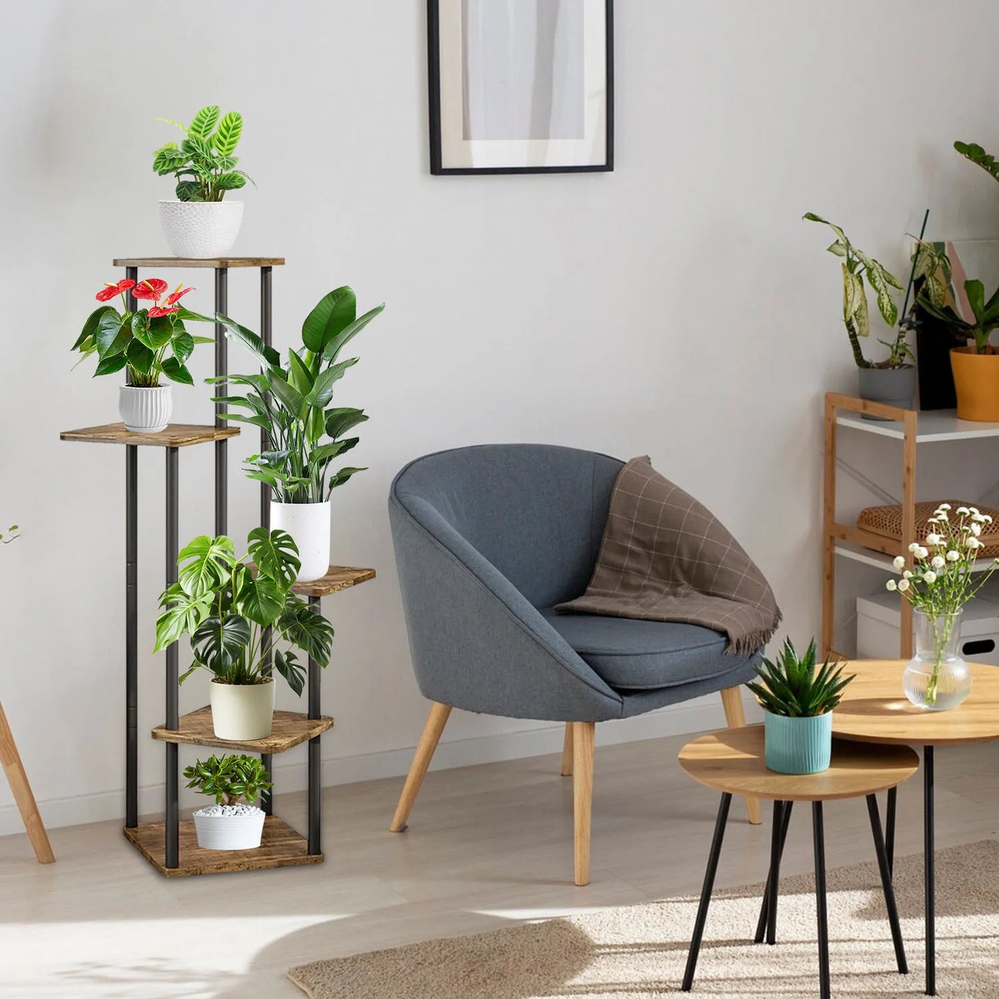 Étagère à Plantes 5 Niveaux – Support Métallique Fer et Bois, Intérieur/Extérieur, Noir
