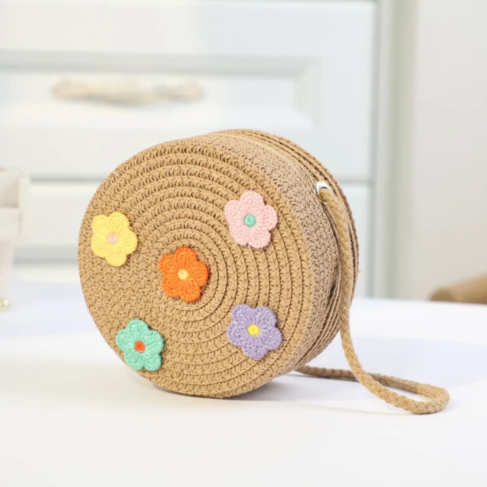 Children Straw Beach Bag Cute Heart Pattern Shoulder Bag Straw Crossbody Bag Handbag Baby Coin Purse Casual Messenger Bag