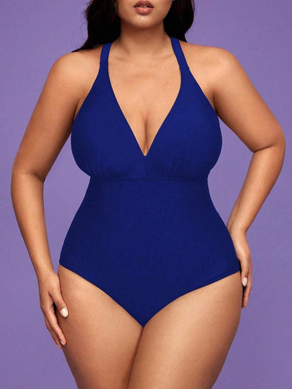 Maillot de Bain Une Pièce Grande Taille Femme Couleur Unie – Noir & Bleu, L à 4XL