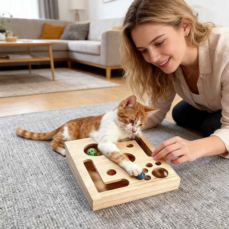 Griffoir en bois pour chat – Labyrinthe interactif avec balles à grelots