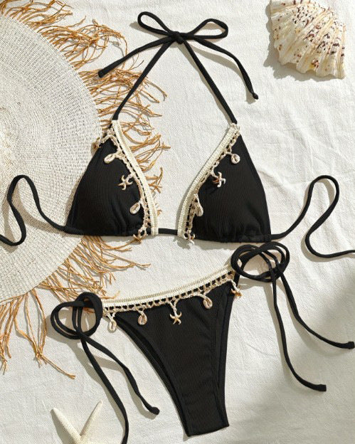 Bikini 3 Pièces Femme Bretelles Sexy Couleur Unie – Beige, Bleu Ciel, Noir