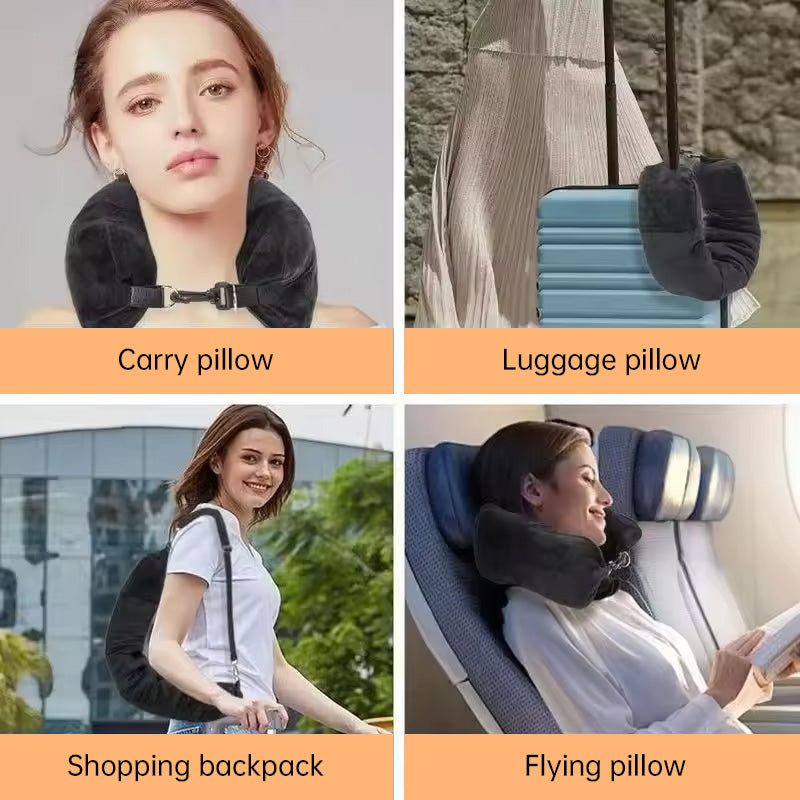 Oreiller Voyage Avion Forme U Velours - Gonflable avec Pochette Rangement