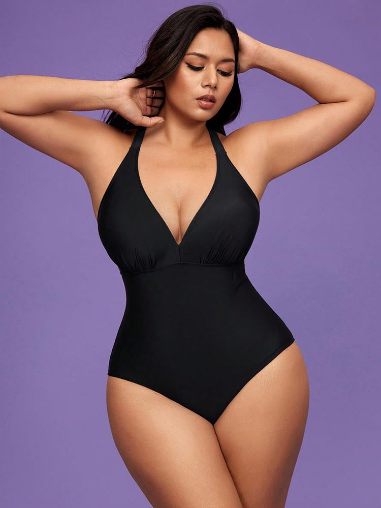 Maillot de Bain Une Pièce Grande Taille Femme Couleur Unie – Noir & Bleu, L à 4XL