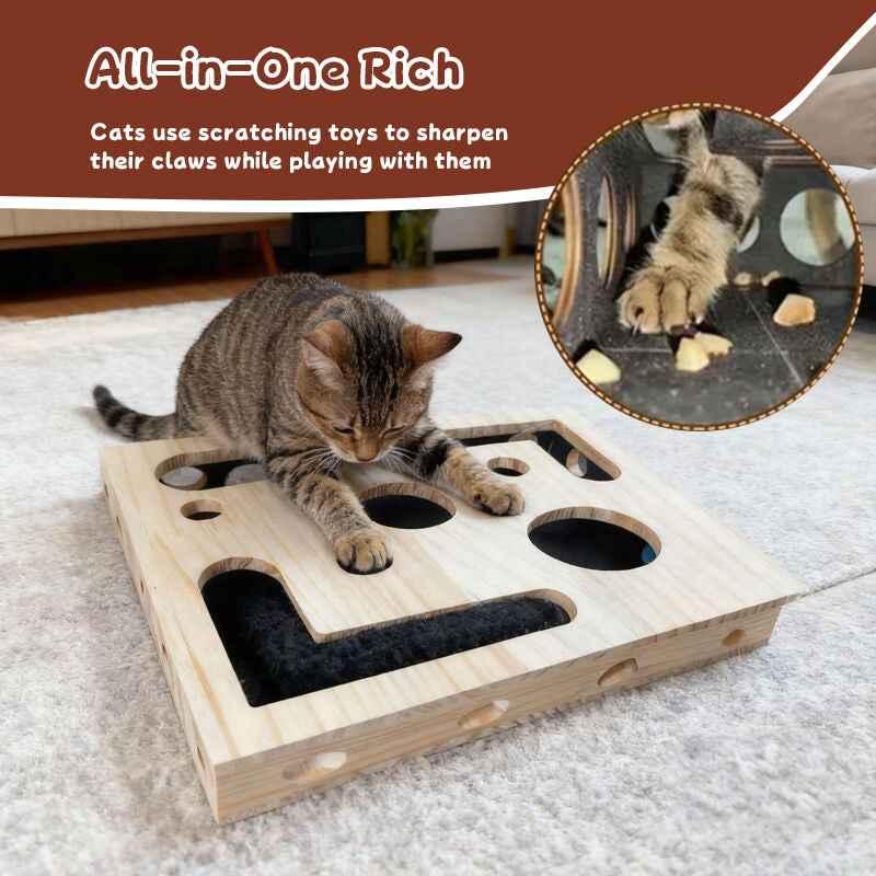 Griffoir en bois pour chat – Labyrinthe interactif avec balles à grelots