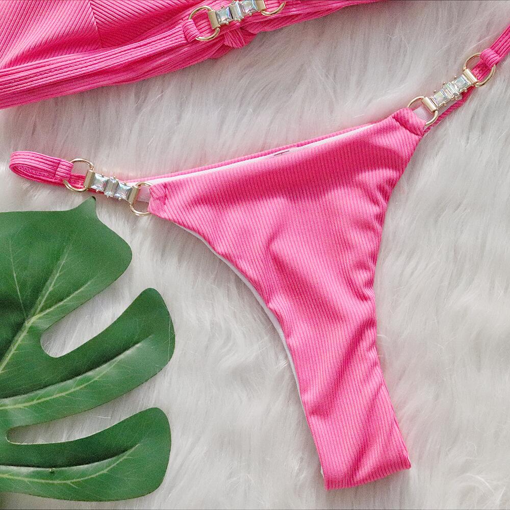 Maillot de Bain Deux Pièces Femme Rayures Dos Nu – Rose Fuchsia & Blanc
