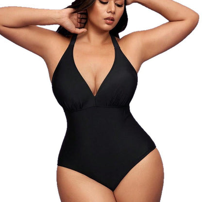 Maillot de Bain Une Pièce Grande Taille Femme Couleur Unie – Noir & Bleu, L à 4XL