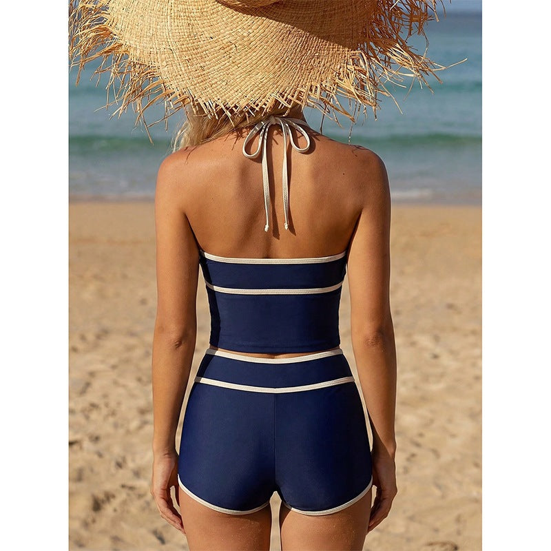 Bikini Deux Pièces Femme Bicolore Nœud Frontal – Bleu & Abricot