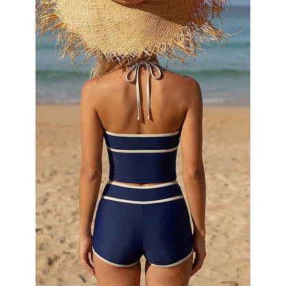 Bikini Deux Pièces Femme Bicolore Nœud Frontal – Bleu & Abricot