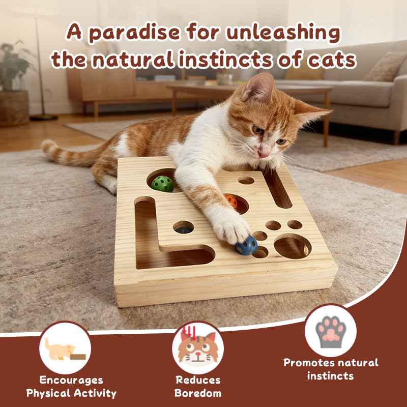 Griffoir en bois pour chat – Labyrinthe interactif avec balles à grelots