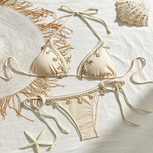 Bikini 3 Pièces Femme Bretelles Sexy Couleur Unie – Beige, Bleu Ciel, Noir