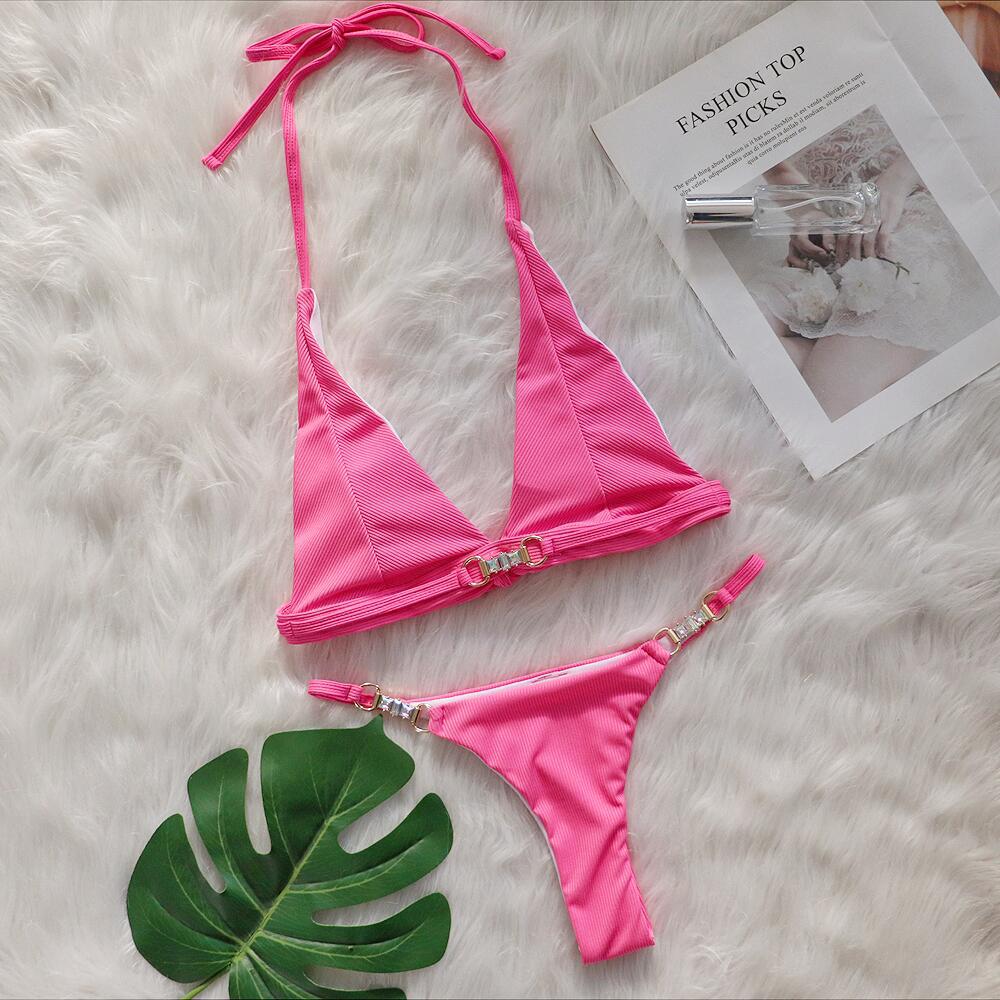 Maillot de Bain Deux Pièces Femme Rayures Dos Nu – Rose Fuchsia & Blanc