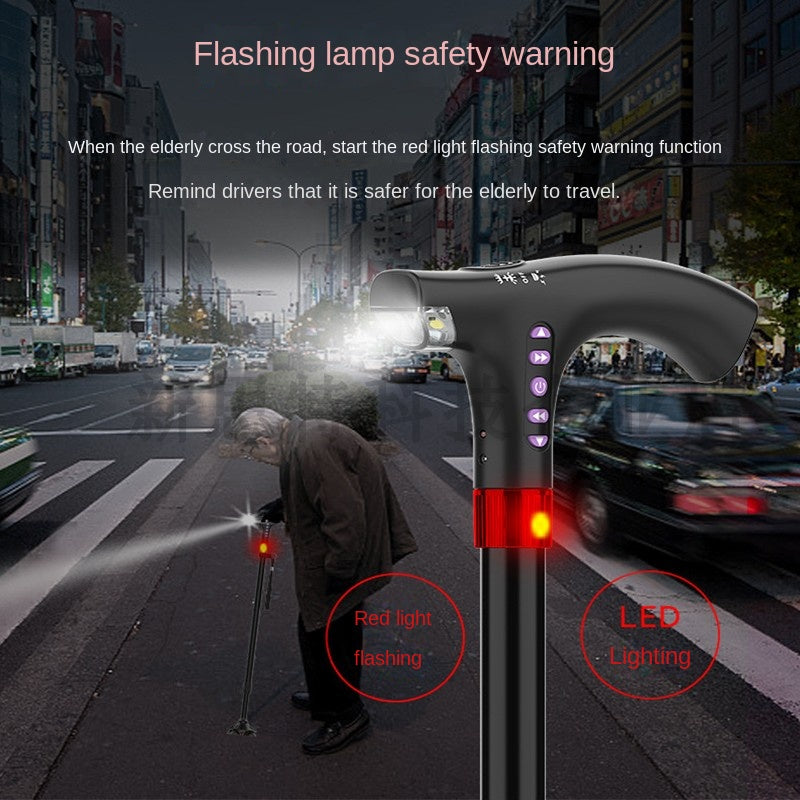 Canne de Marche Seniors Multifonction - LED Alarme Radio Réglable Poignée Ergonomique