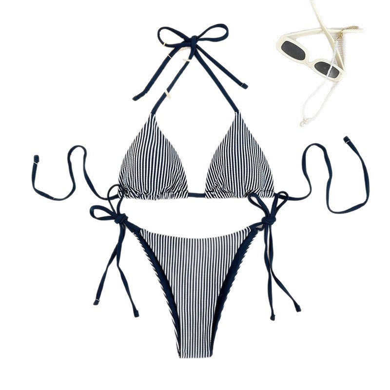 Bikini Deux Pièces Femme Halter Floral Séchage Rapide – Bleu Marine & Blanc