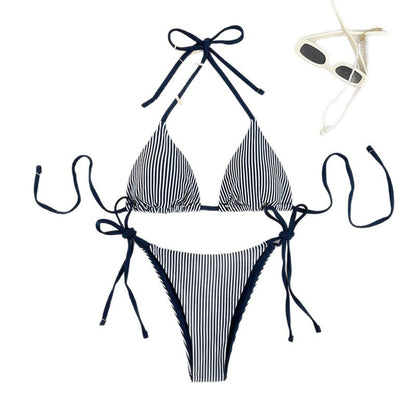 Bikini Deux Pièces Femme Halter Floral Séchage Rapide – Bleu Marine & Blanc
