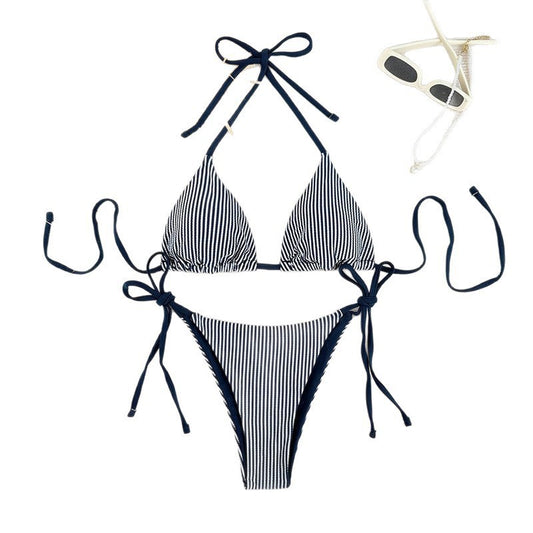 Bikini Deux Pièces Femme Halter Floral Séchage Rapide – Bleu Marine & Blanc