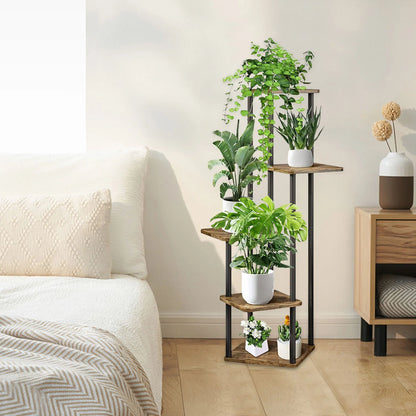 Étagère à Plantes 5 Niveaux – Support Métallique Fer et Bois, Intérieur/Extérieur, Noir