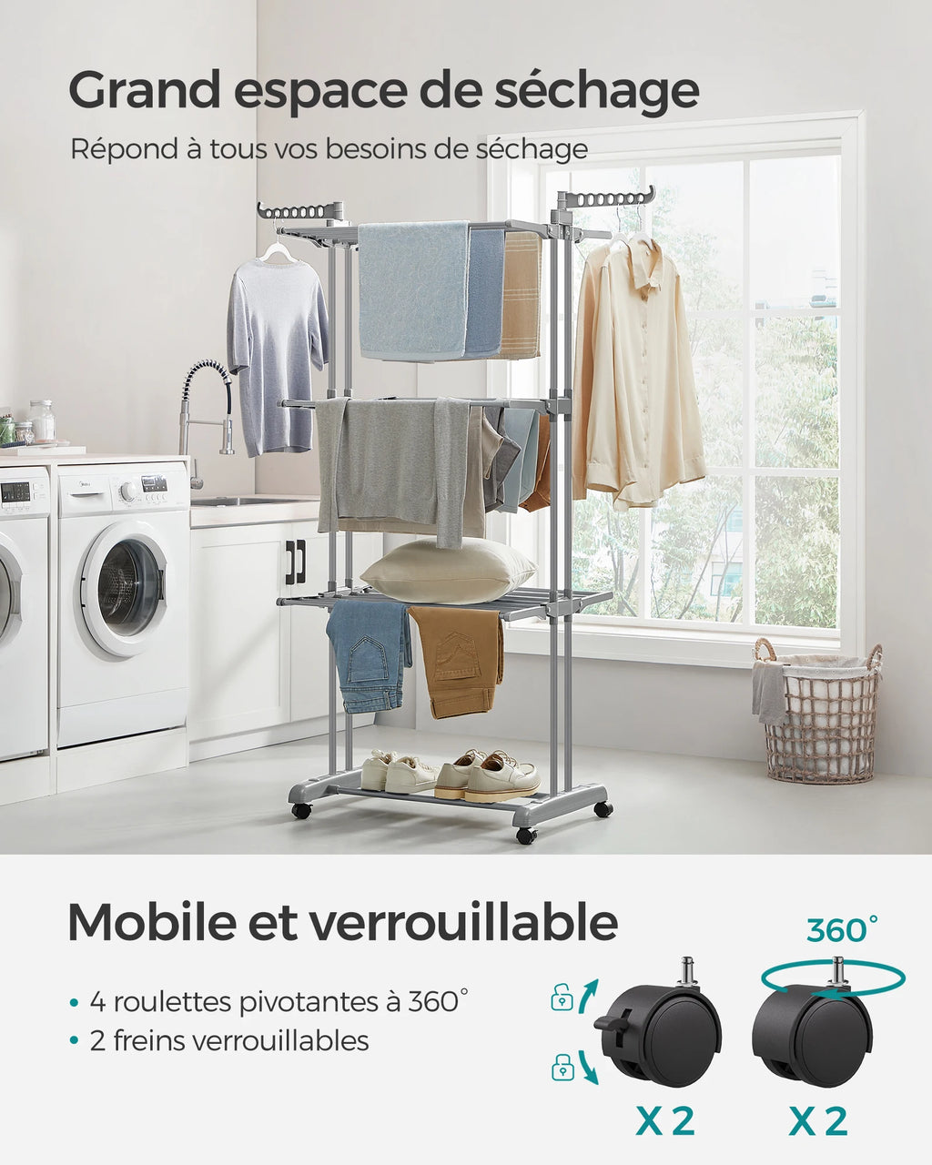 Étendoir à Linge SONGMICS 4 Niveaux Pliable sur Roulettes - 35kg Capacité