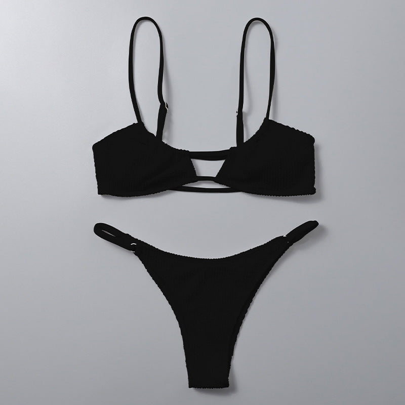 Bikini Deux Pièces Femme Bretelles Sexy Bas Tanga Couleur Unie