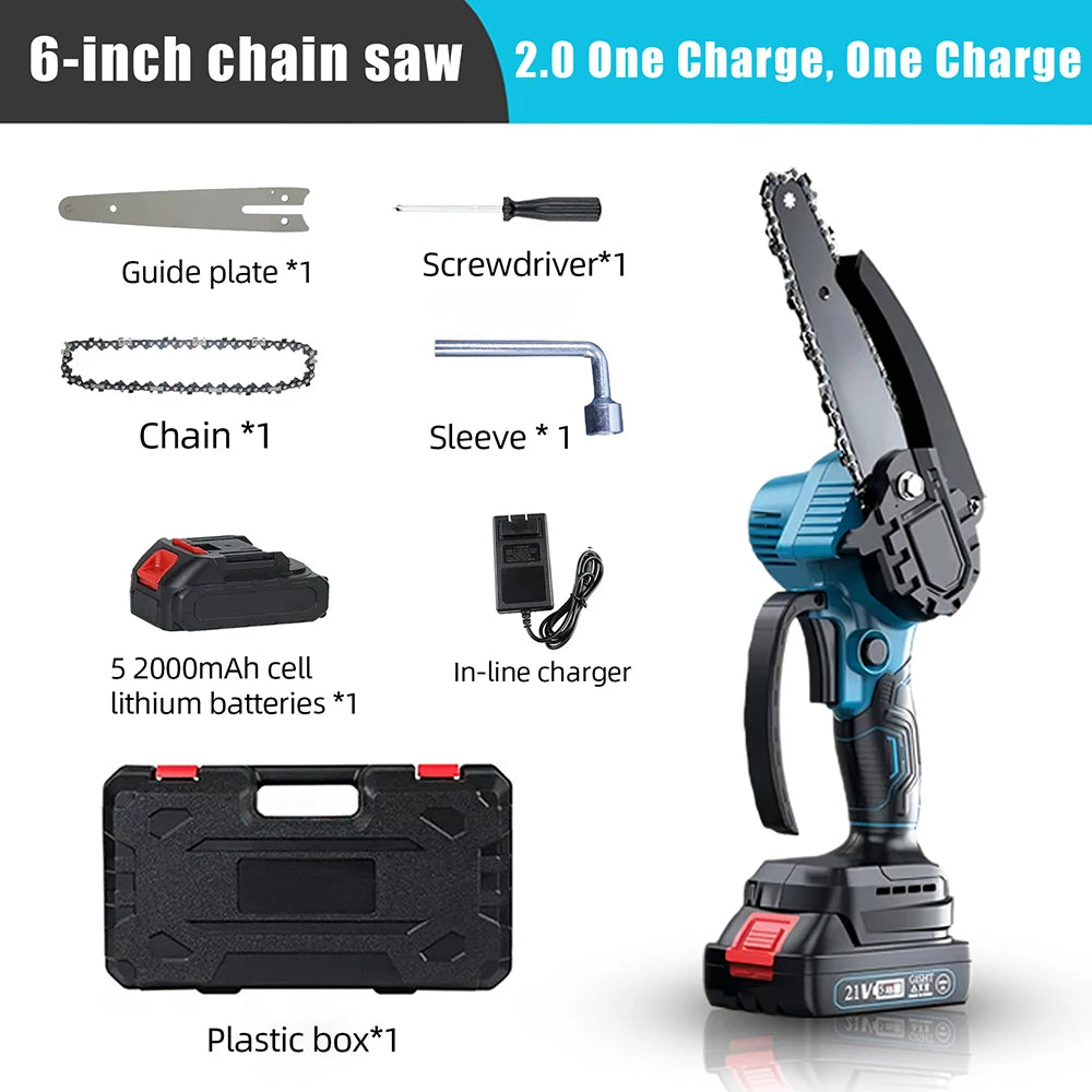 Mini Tronçonneuse Électrique 6 Pouces 21V - Portable avec Huilage Automatique et 2 Batteries | OWJHE