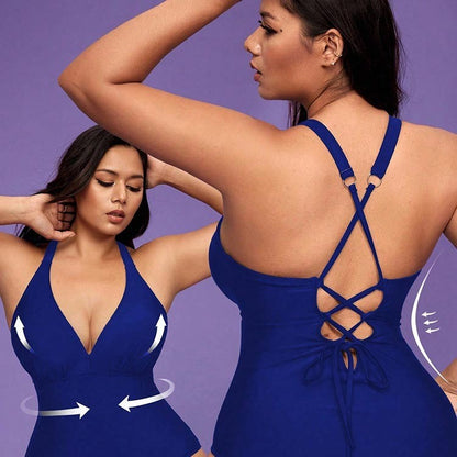 Maillot de Bain Une Pièce Grande Taille Femme Couleur Unie – Noir & Bleu, L à 4XL