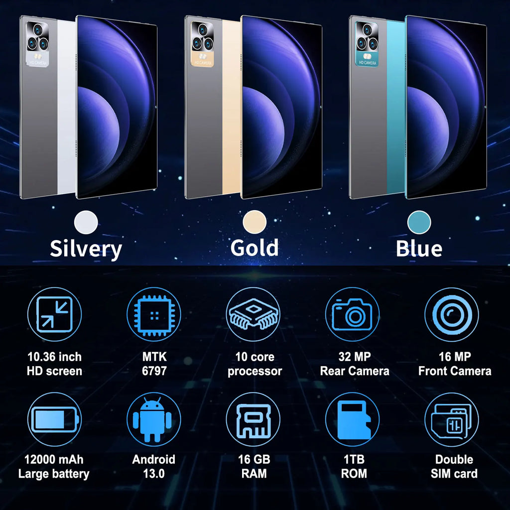 Tablette Android 13 - 10.36" 16GB RAM 1TB ROM, 10 Cœurs, 5G, 12000mAh, Dual SIM