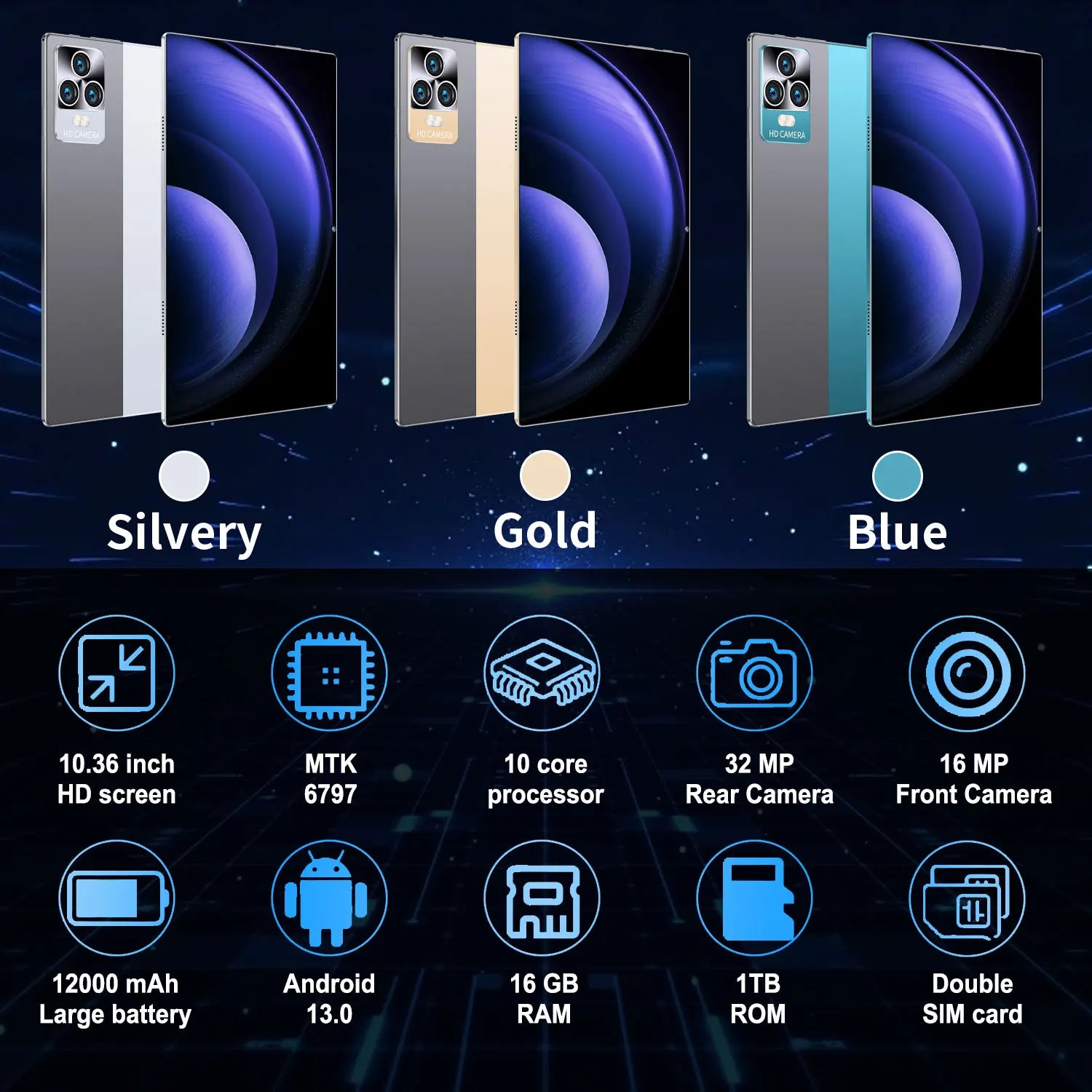 Tablette Android 13 - 10.36" 16GB RAM 1TB ROM, 10 Cœurs, 5G, 12000mAh, Dual SIM