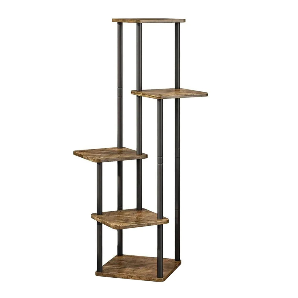 Étagère à Plantes 5 Niveaux – Support Métallique Fer et Bois, Intérieur/Extérieur, Noir