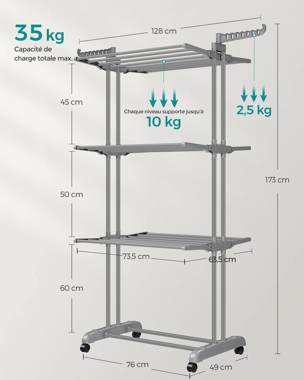 Étendoir à Linge SONGMICS 4 Niveaux Pliable sur Roulettes - 35kg Capacité