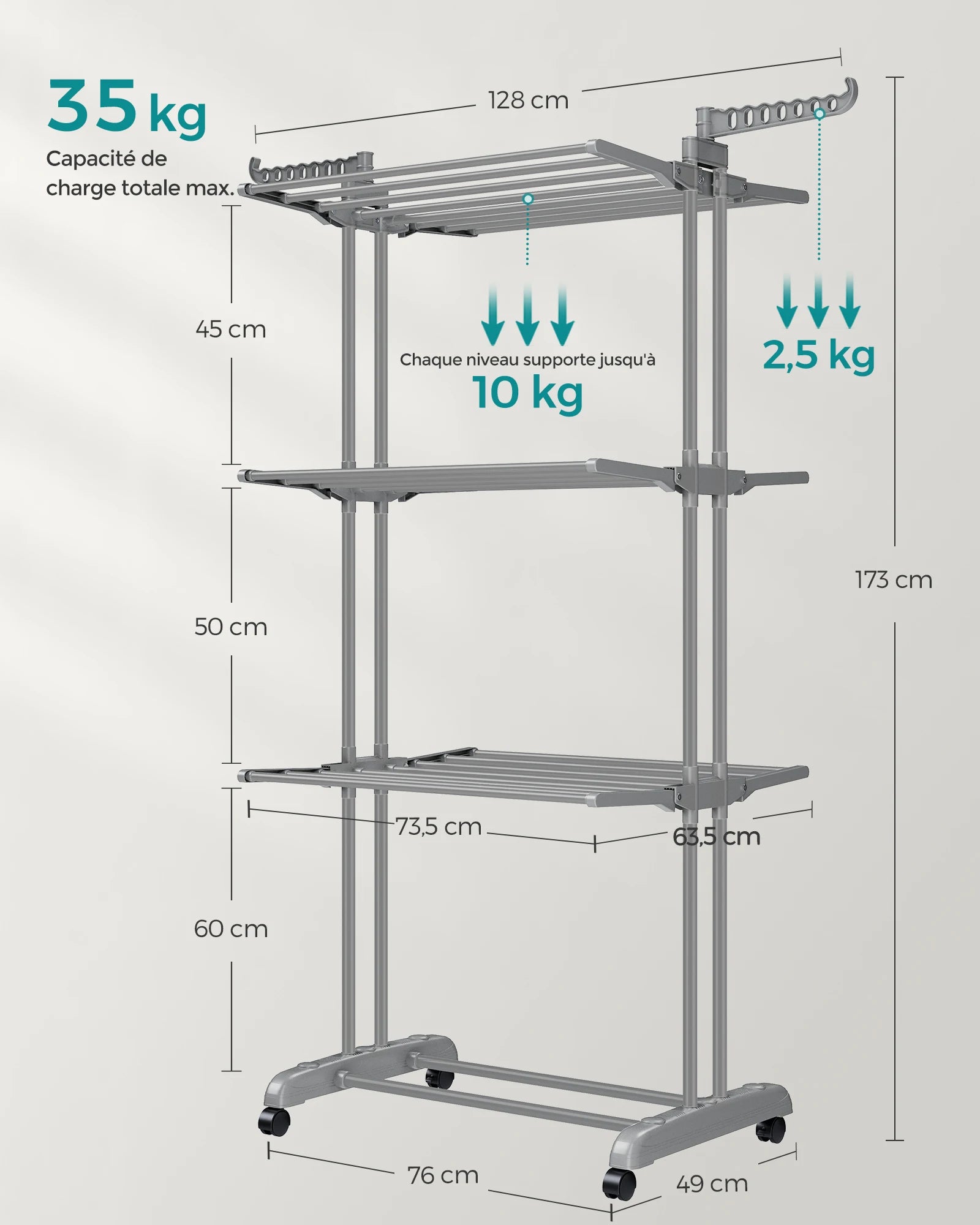 Étendoir à Linge SONGMICS 4 Niveaux Pliable sur Roulettes - 35kg Capacité