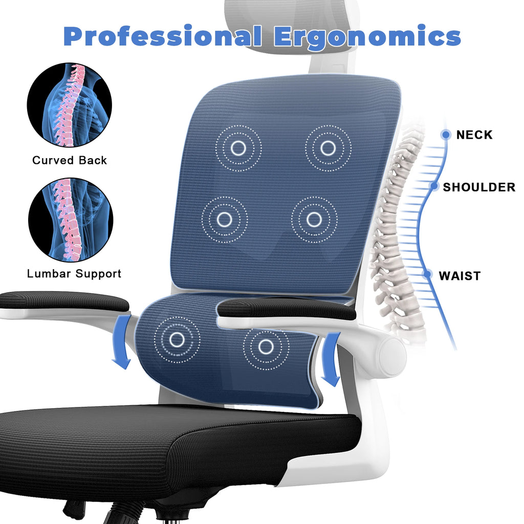 Chaise Bureau Ergonomique - Accoudoirs Pliables Dossier Respirant Réglable