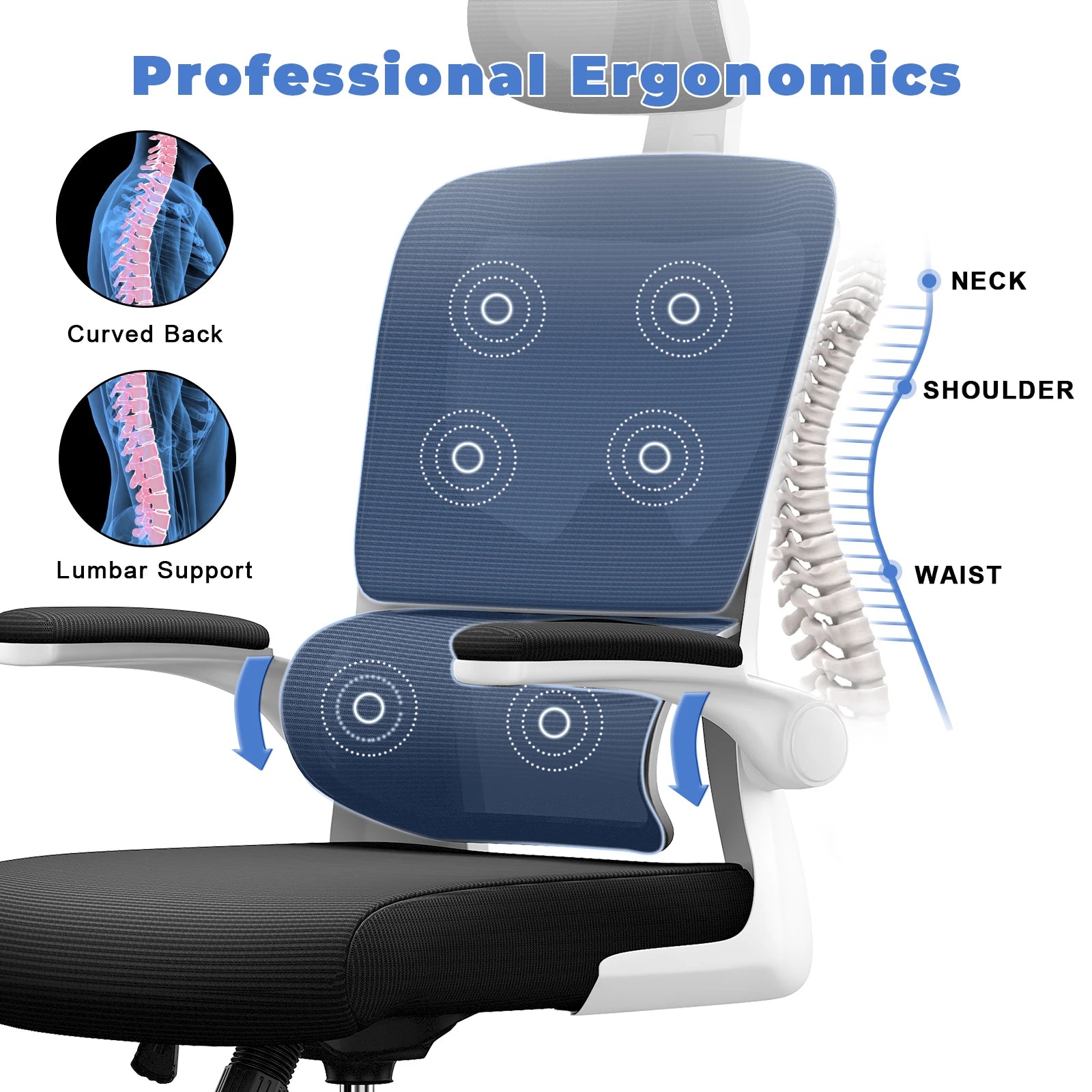 Chaise Bureau Ergonomique - Accoudoirs Pliables Dossier Respirant Réglable