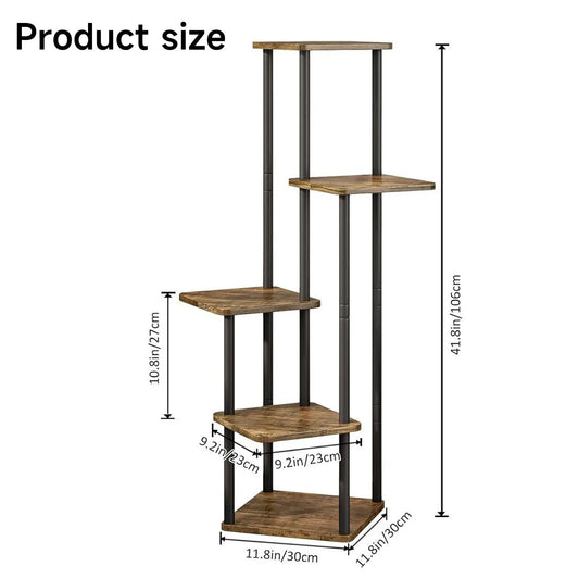 Étagère à Plantes 5 Niveaux – Support Métallique Fer et Bois, Intérieur/Extérieur, Noir