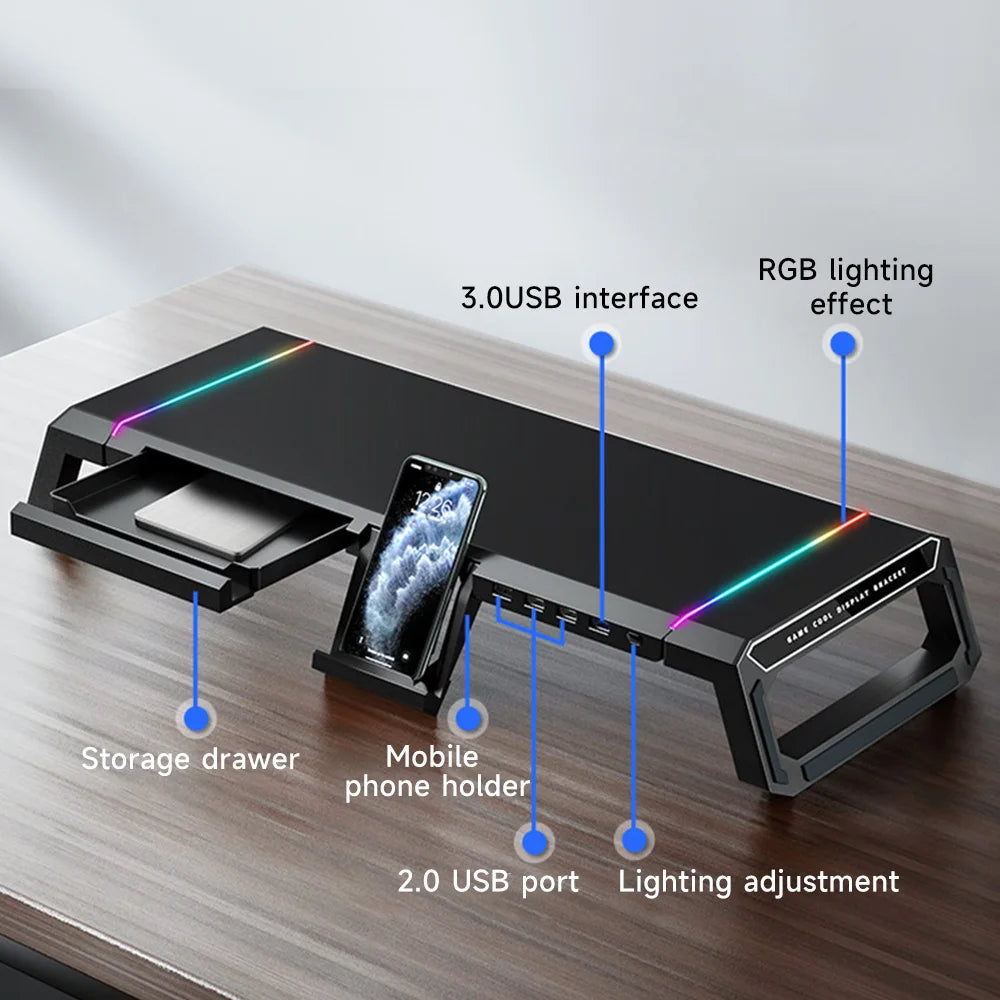 Support Moniteur RGB avec Tiroir de Rangement - Hub USB 3.0/2.0, Support Téléphone, Organiseur Bureau
