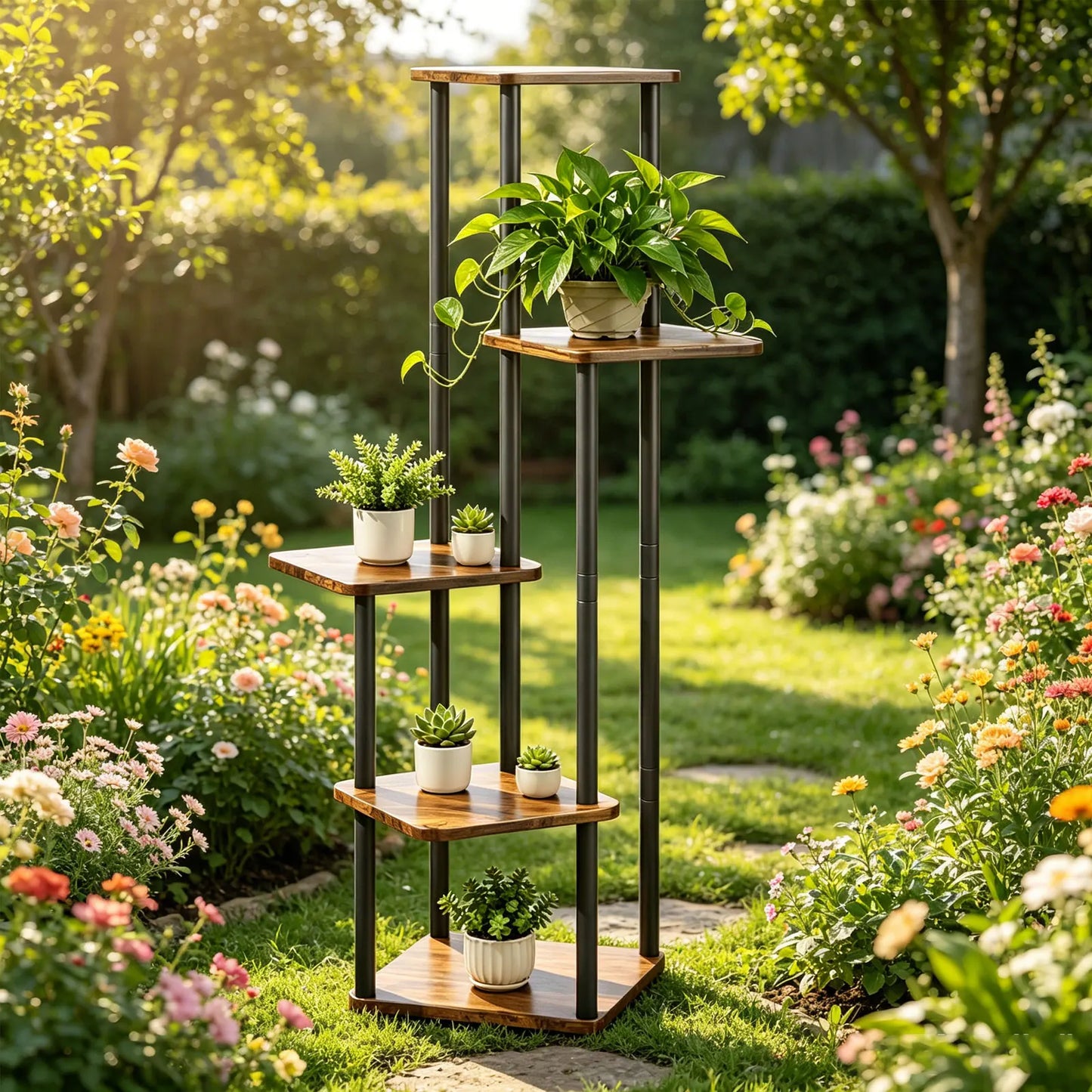 Étagère à Plantes 5 Niveaux – Support Métallique Fer et Bois, Intérieur/Extérieur, Noir