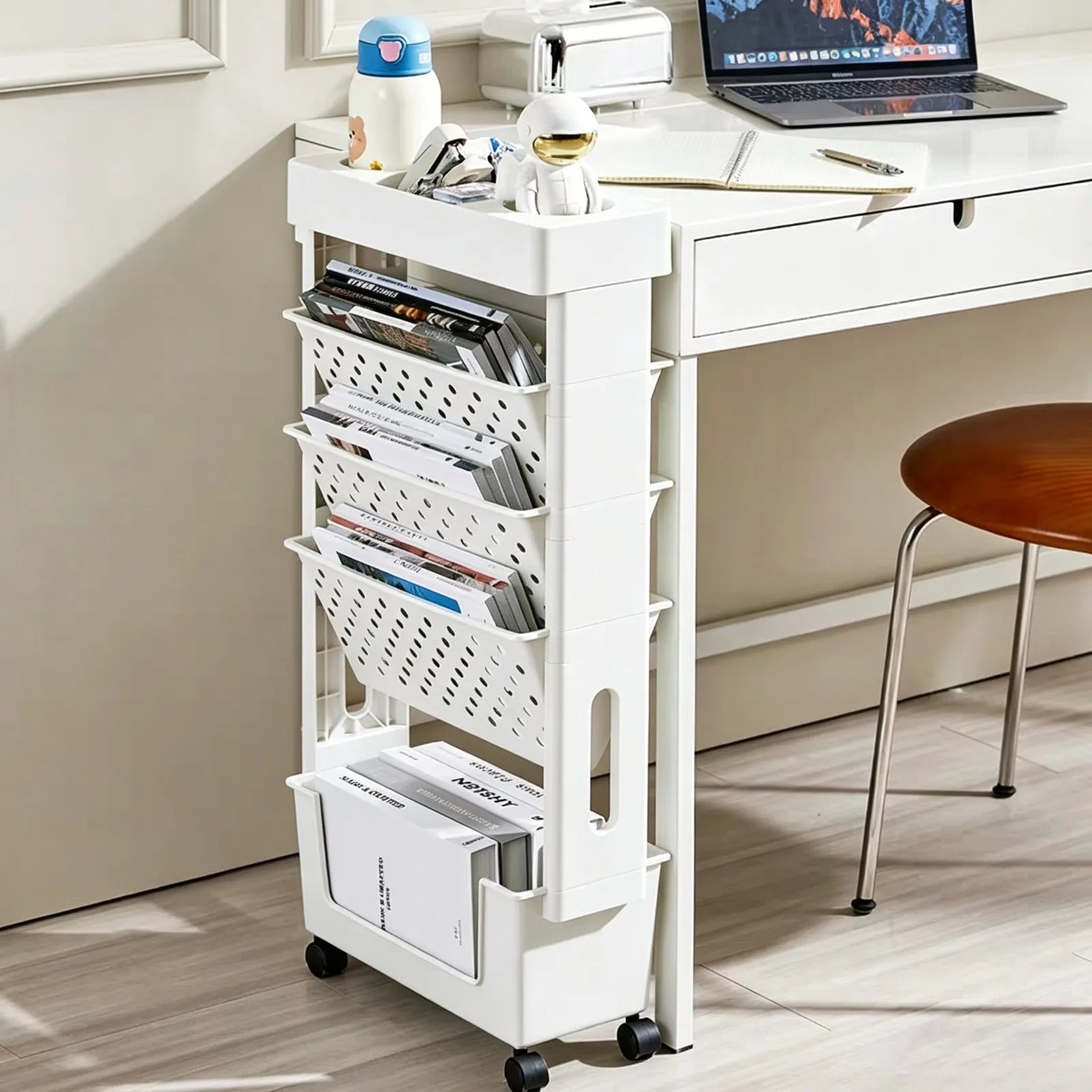 Étagère mobile à roulettes 5 niveaux – Organiseur ABS blanc, bureau & salon