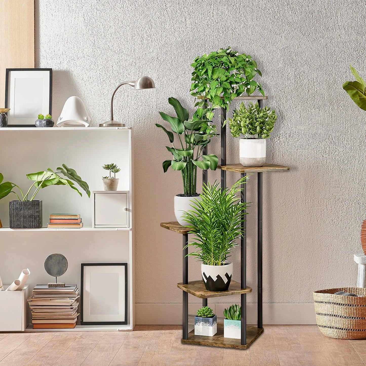Étagère à Plantes 5 Niveaux – Support Métallique Fer et Bois, Intérieur/Extérieur, Noir