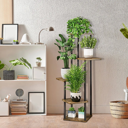 Étagère à Plantes 5 Niveaux – Support Métallique Fer et Bois, Intérieur/Extérieur, Noir