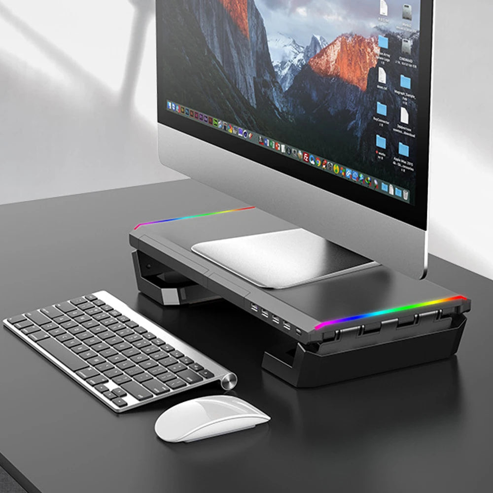 Support Moniteur RGB avec Tiroir de Rangement - Hub USB 3.0/2.0, Support Téléphone, Organiseur Bureau