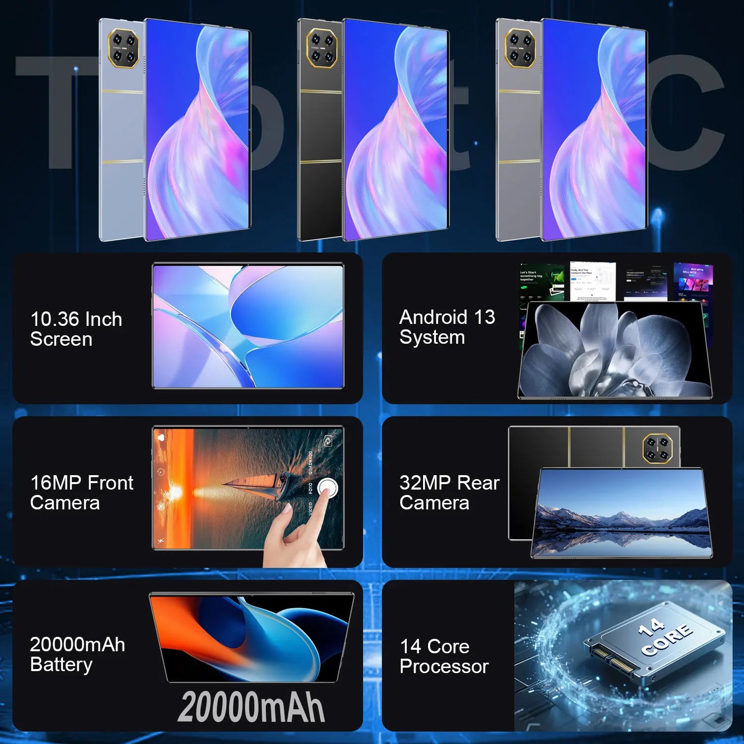 Tablette Android 13 5G 10.36" - 16GB RAM 1TB - Écran 2K - Batterie 20000mAh