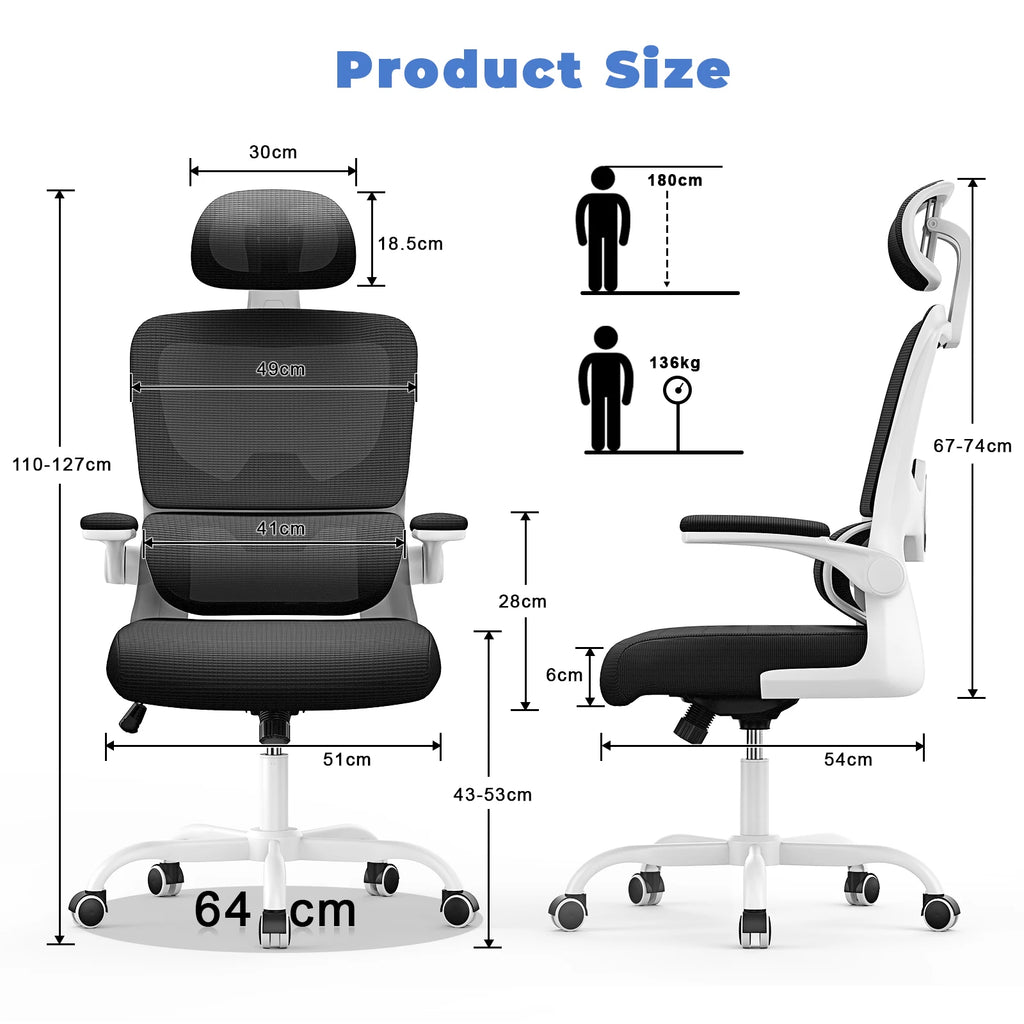 Chaise Bureau Ergonomique - Accoudoirs Pliables Dossier Respirant Réglable