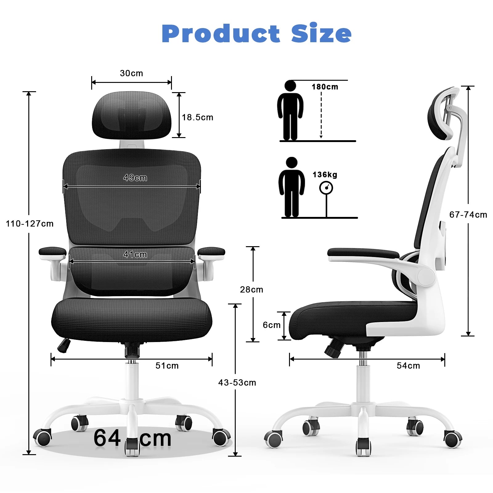 Chaise Bureau Ergonomique - Accoudoirs Pliables Dossier Respirant Réglable