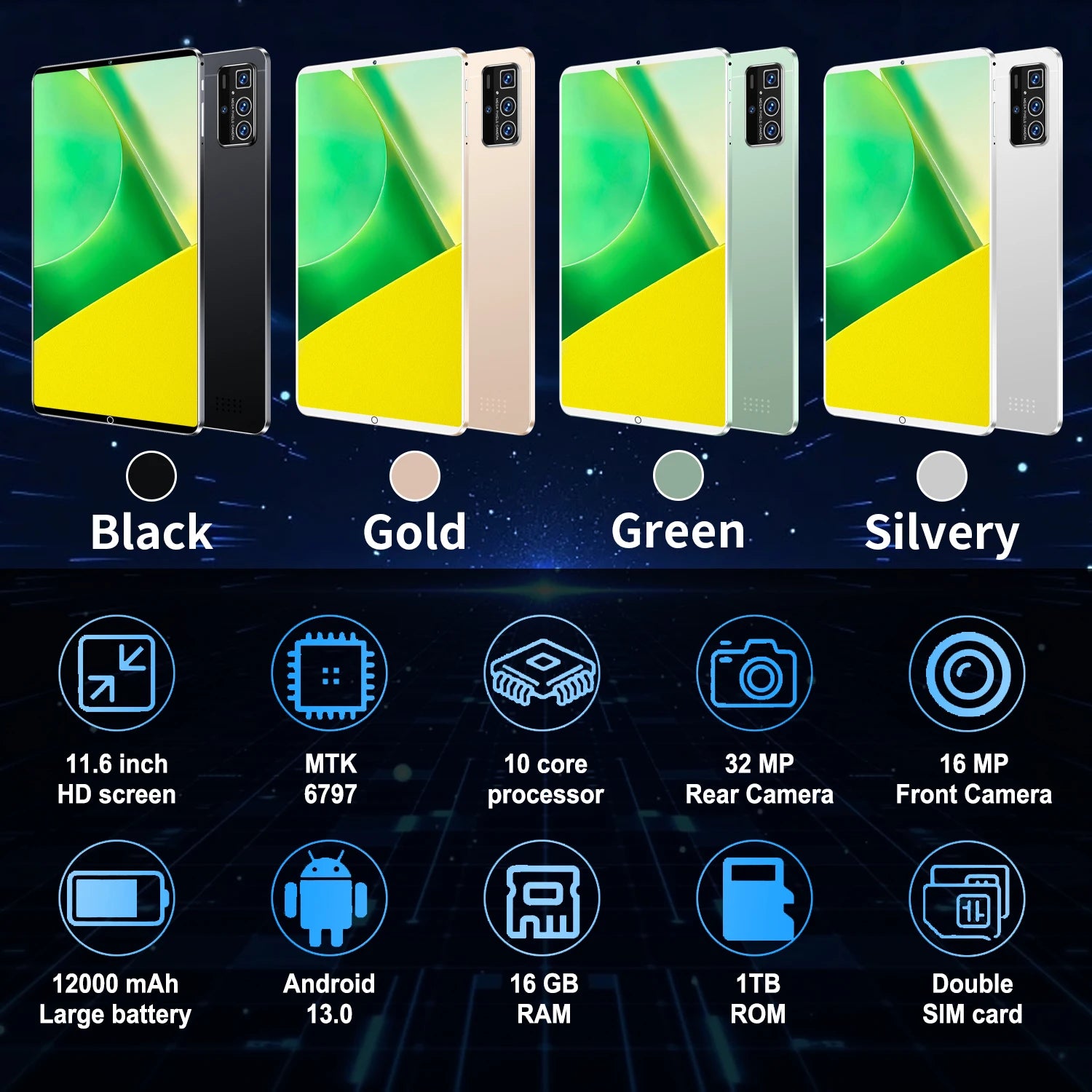 Tablette Android 13 - 10.36" 16GB RAM 1TB ROM, 10 Cœurs, 5G, 12000mAh, Dual SIM