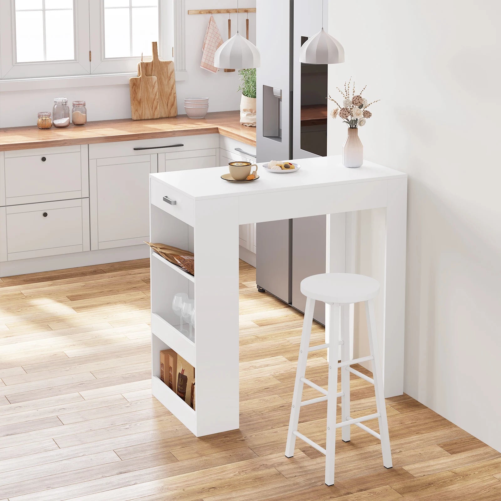 Table de Bar WOLTU 100x100x50cm - Bistro avec Tiroir 3 Étagères Porte-Bouteilles Cuisine Salon