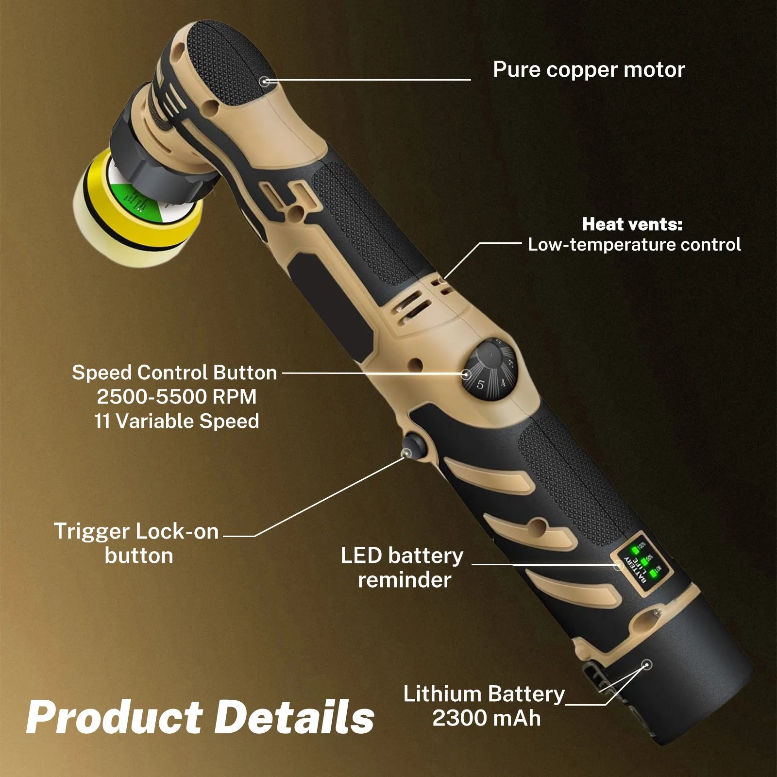 Polisseuse Auto Sans Fil Vremota - Mini Polisseuse Détailing - Kit 3 Tampons 1/1.5/3"