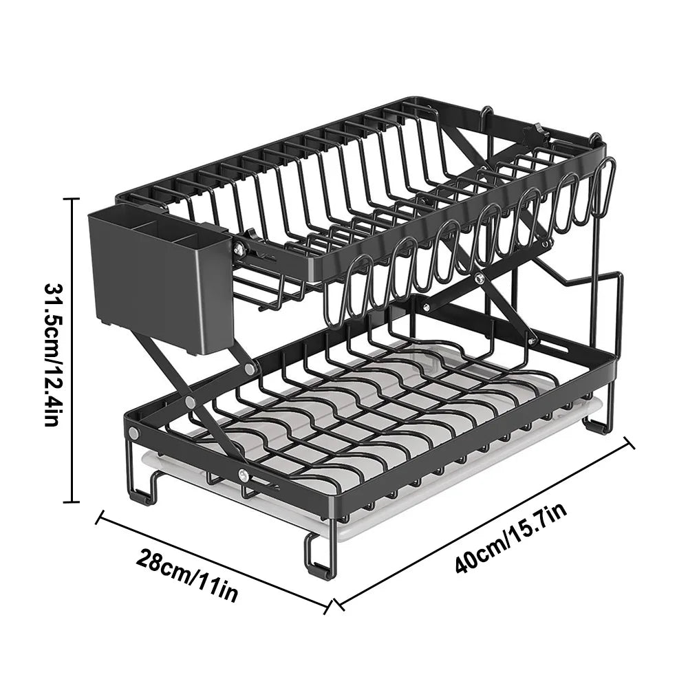 Égouttoir Vaisselle 2 Niveaux avec Bac Égoutteur – Organiseur Cuisine en Acier, Porte-Couverts Inclus