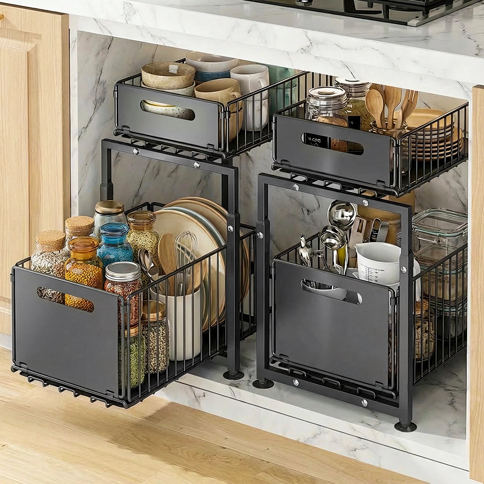 Organiseur Coulissant 2 Niveaux – Rangement Réglable Sous Évier, Cuisine & Salle de Bain