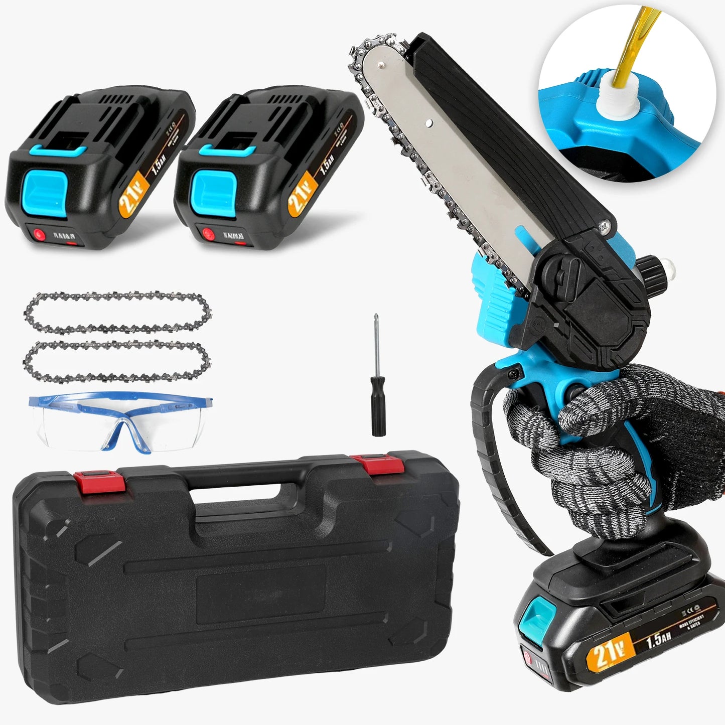 Mini Tronçonneuse Électrique 6 Pouces 21V - Portable avec Huilage Automatique et 2 Batteries | OWJHE