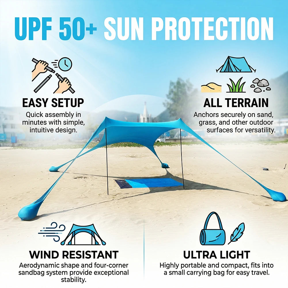 Tente de Plage Parasol UPF50+ – 2M ou 3M | Anti-Vent, Portable, Montage 3 min | HGTUGO