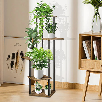 Étagère à Plantes 5 Niveaux – Support Métallique Fer et Bois, Intérieur/Extérieur, Noir