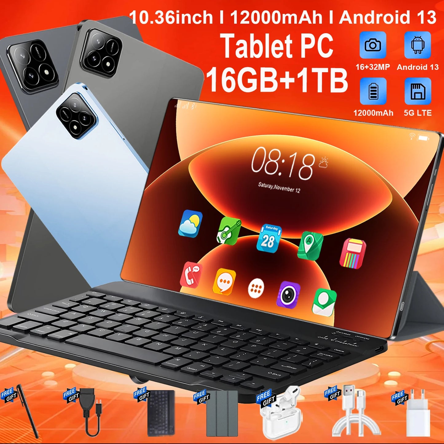 Tablette Android PRO6 2026 — 5G, 10 Cœurs, Écran 10,36" 4K, Double SIM, 12000mAh